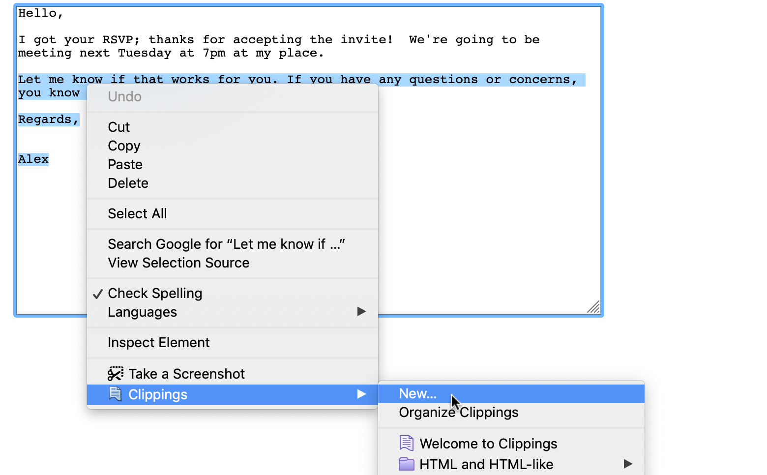 Screen shot of creating a new clipping from selected text in Firefox.