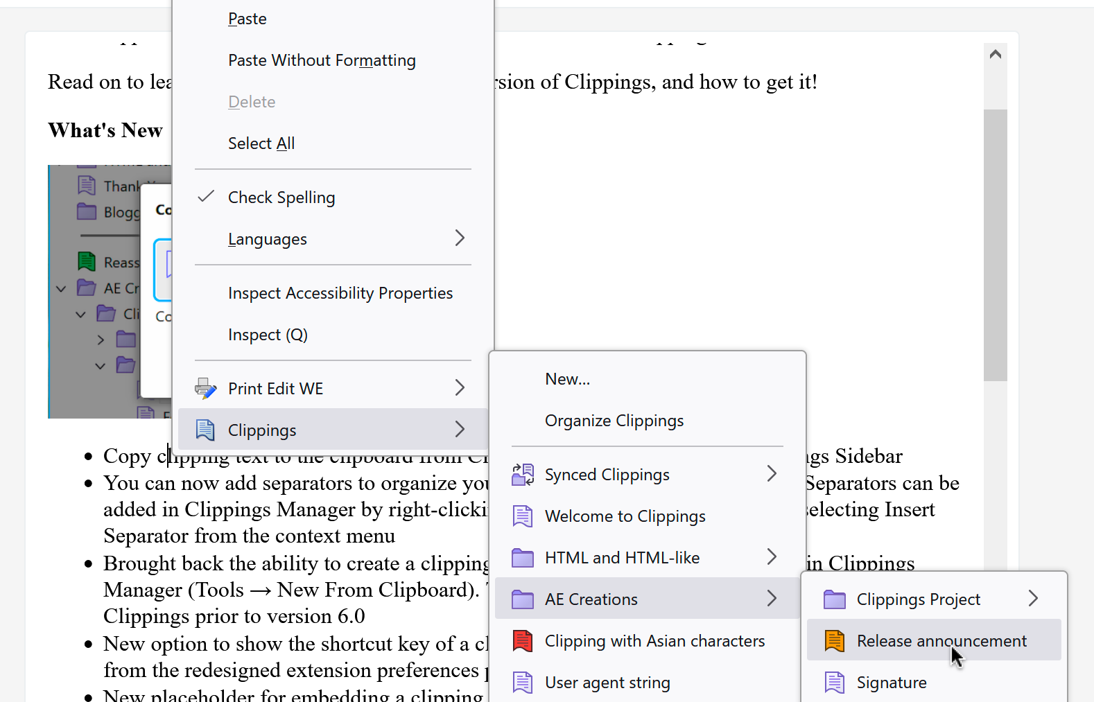 Screen shot of Clippings menu in Firefox