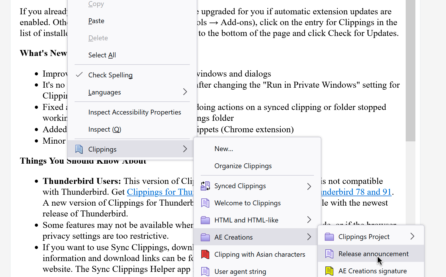 Screen shot of Clippings menu in Firefox