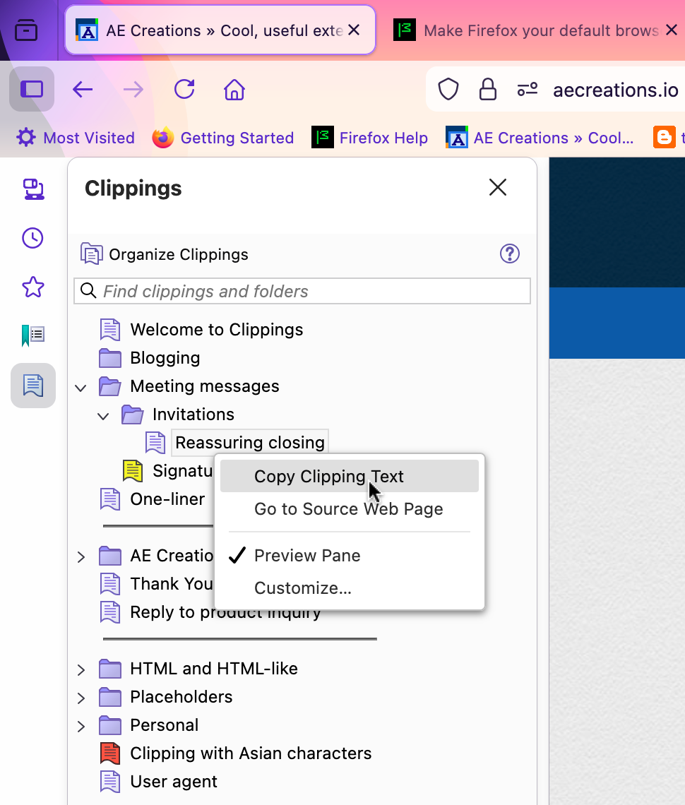 Screenshot of Clippings Sidebar in Firefox.