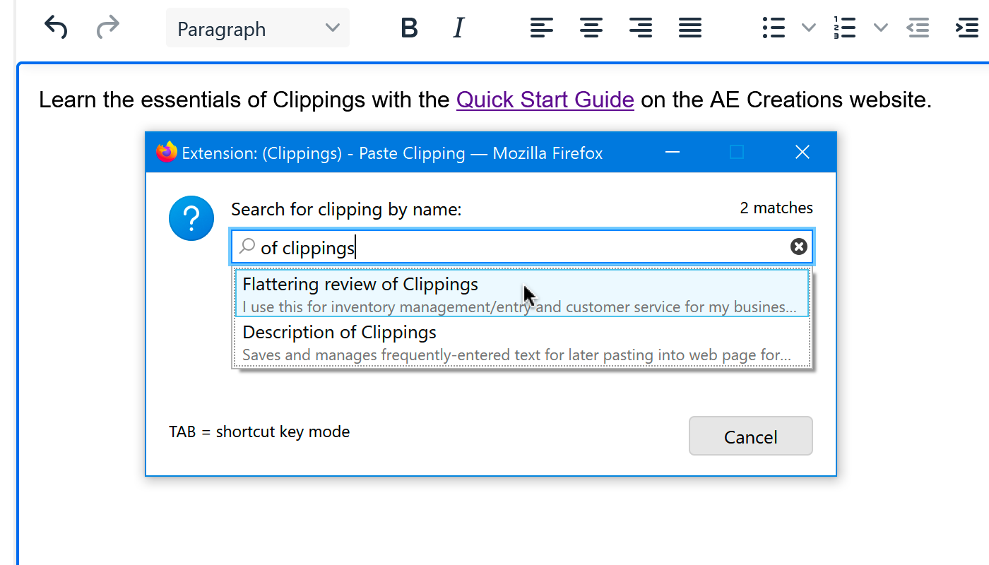 Screenshot of the Paste Clipping dialog in search by name mode.