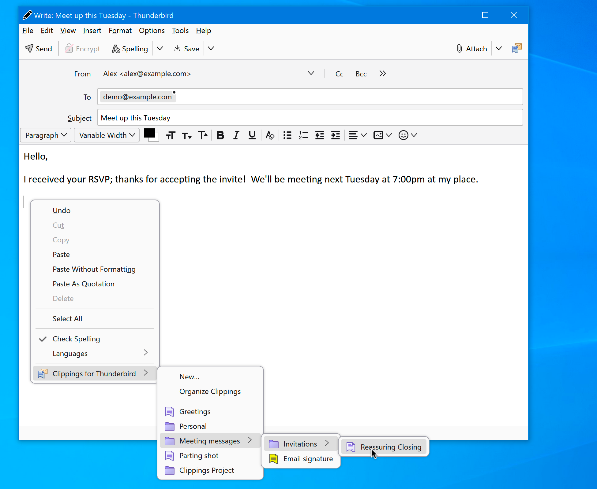 Screen shot of Clippings menu in Thunderbird