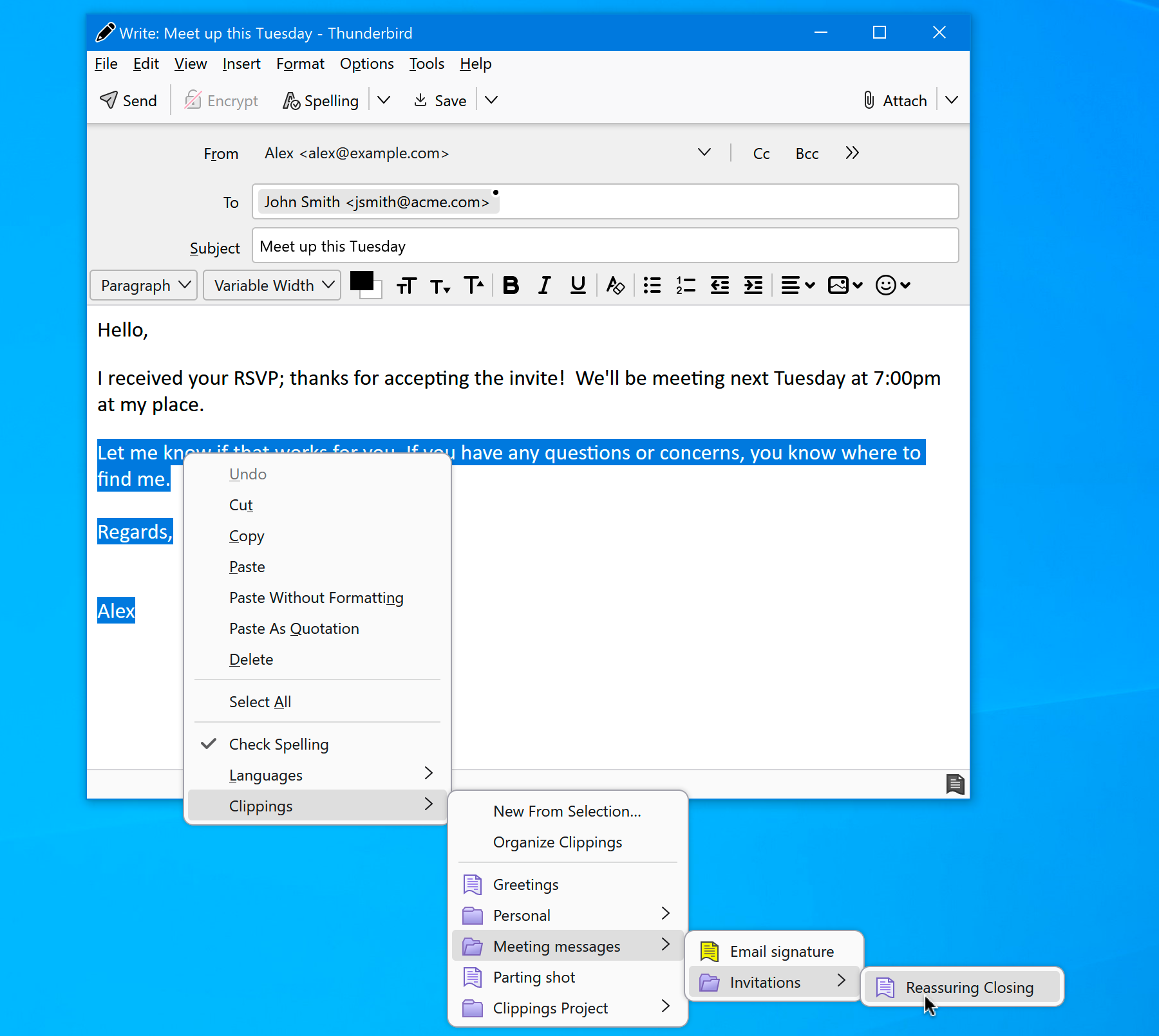 Screen shot of Clippings menu in Mozilla Thunderbird