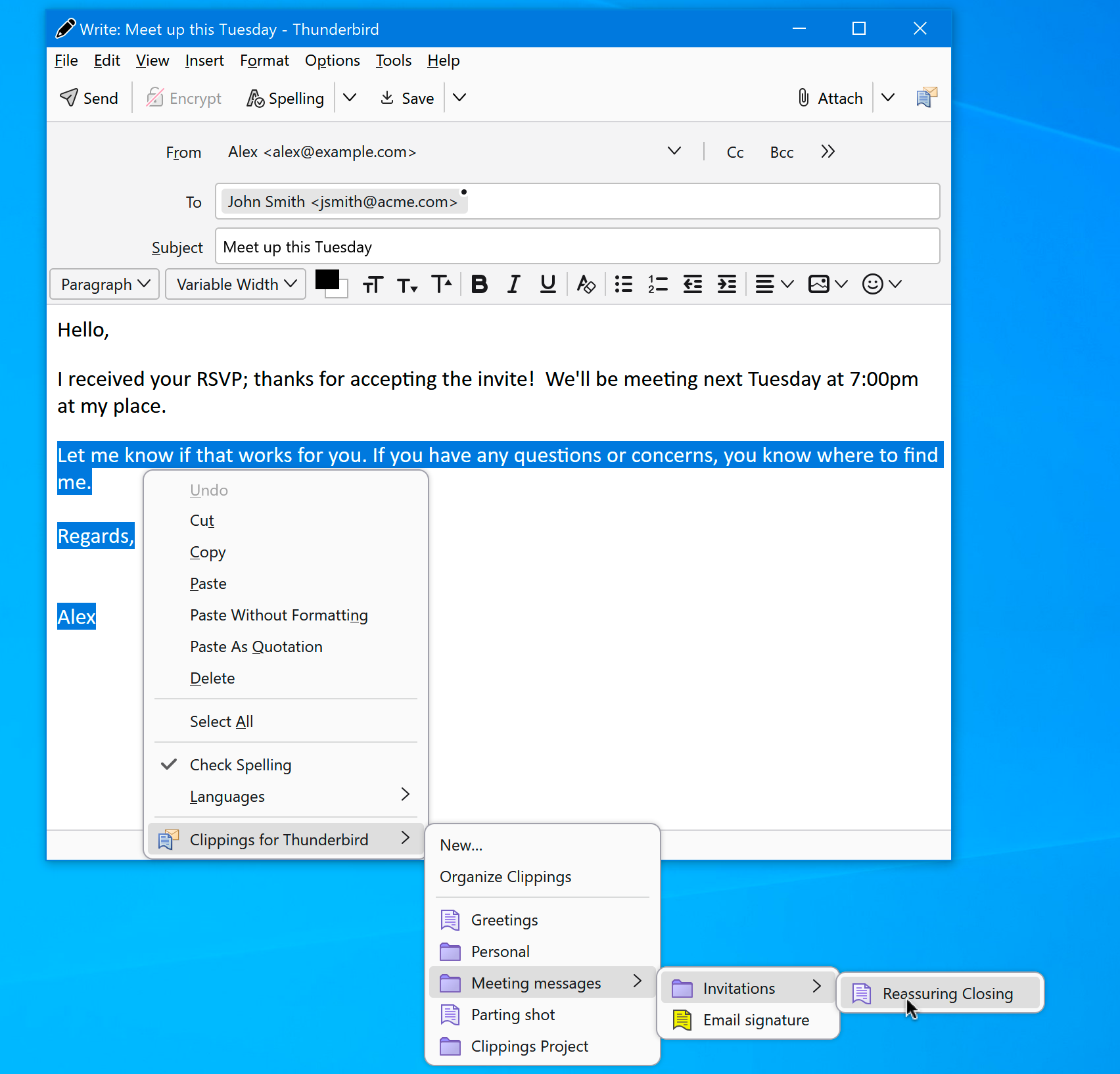 Screen shot of Clippings menu in Mozilla Thunderbird