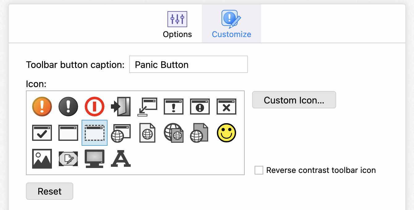 Screen shot of Panic Button customization options