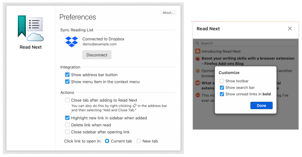 Screen shot of available customization options.