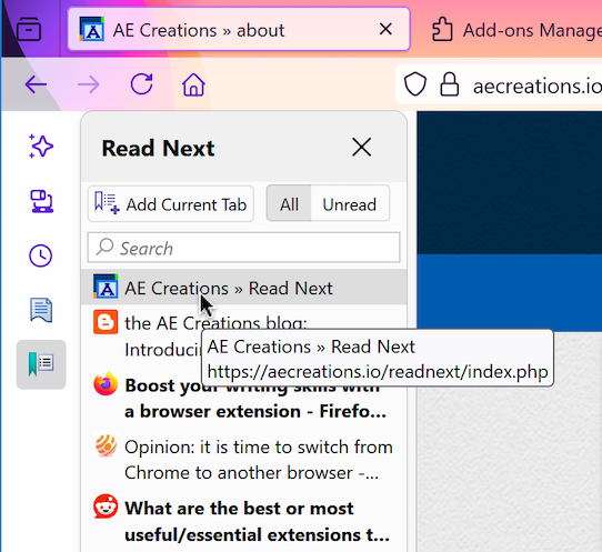 The Read Next reading list sidebar.