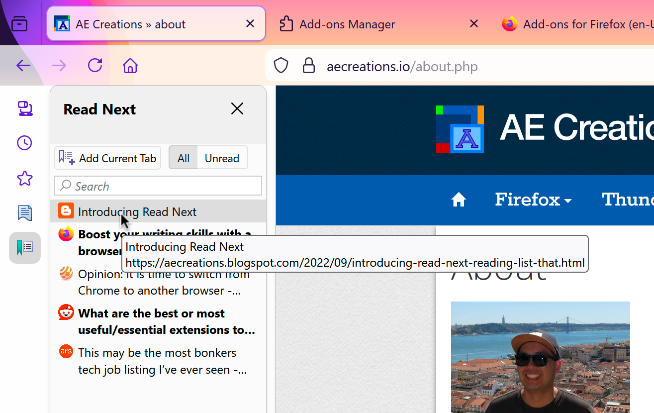 Screen shot of the reading list sidebar in a Firefox browser window.
