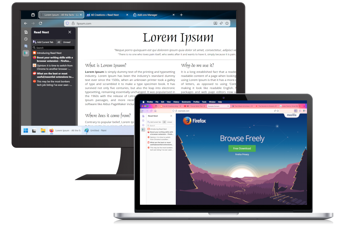 Picture of a PC monitor and a MacBook, showing the Read Next reading list sidebar in Firefox.